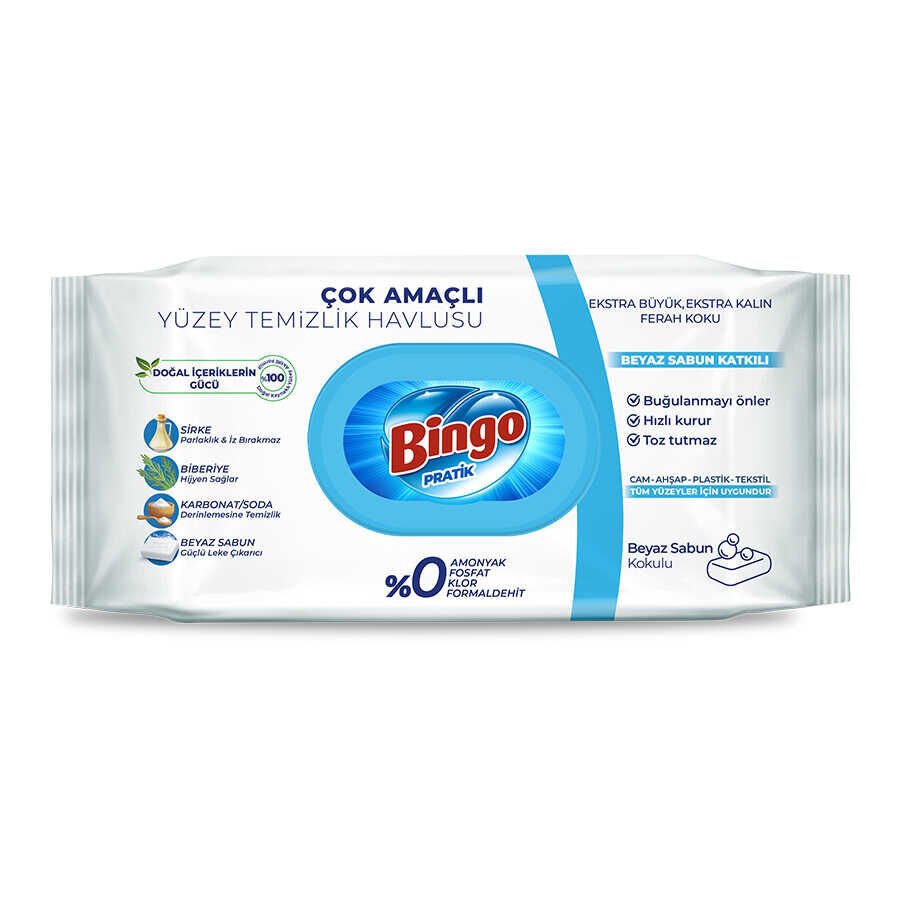 BİNGO YÜZEY TEMİZLEYİCİ MENDİL BEYAZ SABUNLU 96 lı
